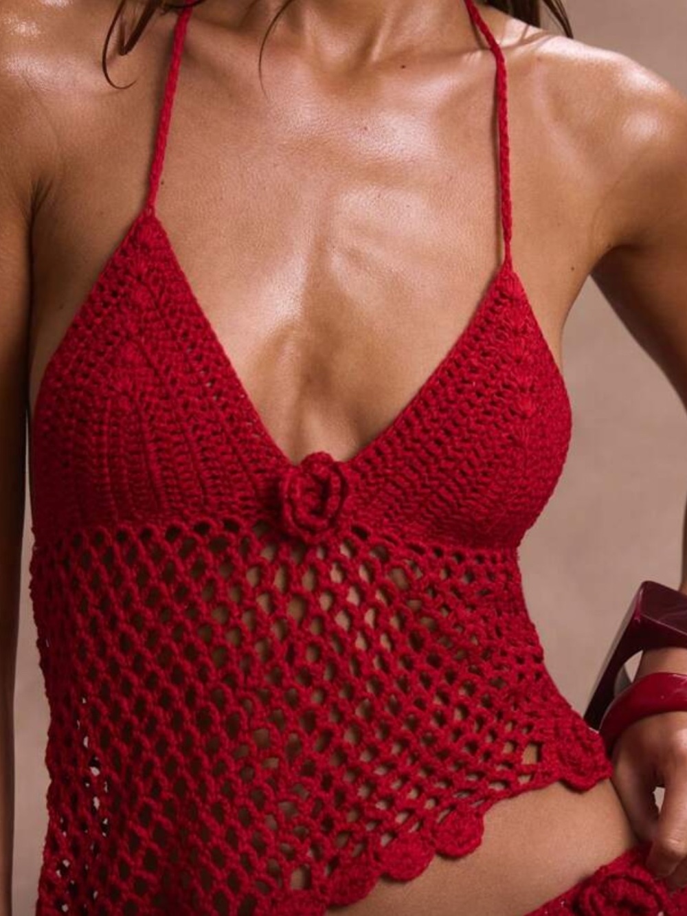 SHEIN Red Crochet Halter Camisole and skirt set